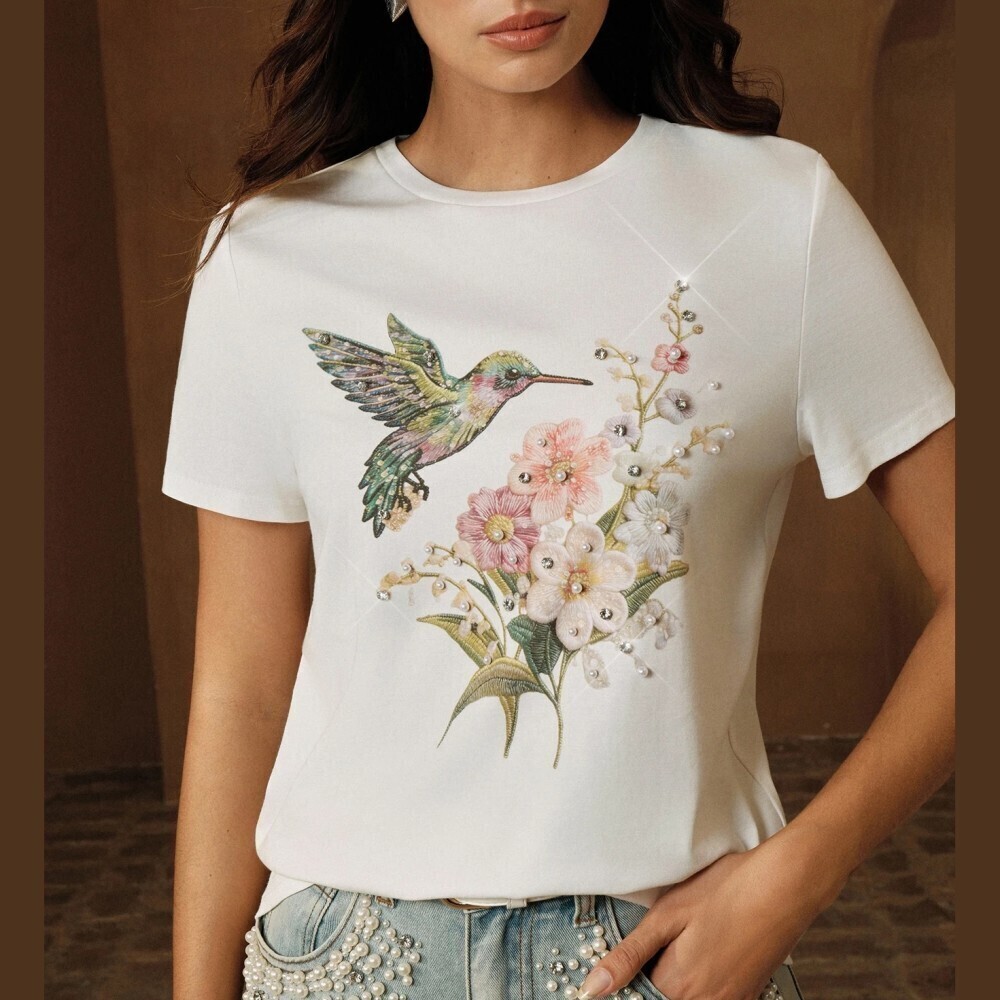 Ivory Hummingbird Floral Embroidered Rhinestone Short Sleeve Tee